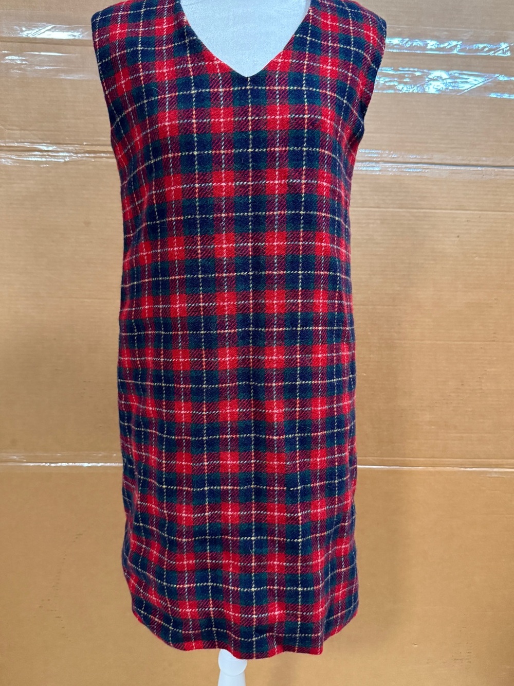 Vintage Homemade Red and Navy Plaid V-Neck Shift Dress